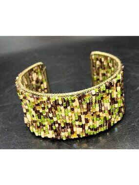 Handcrafted Beaded Cuff Bracelet Earth-Tone Glass Seed Beads Brass Accents Vinta